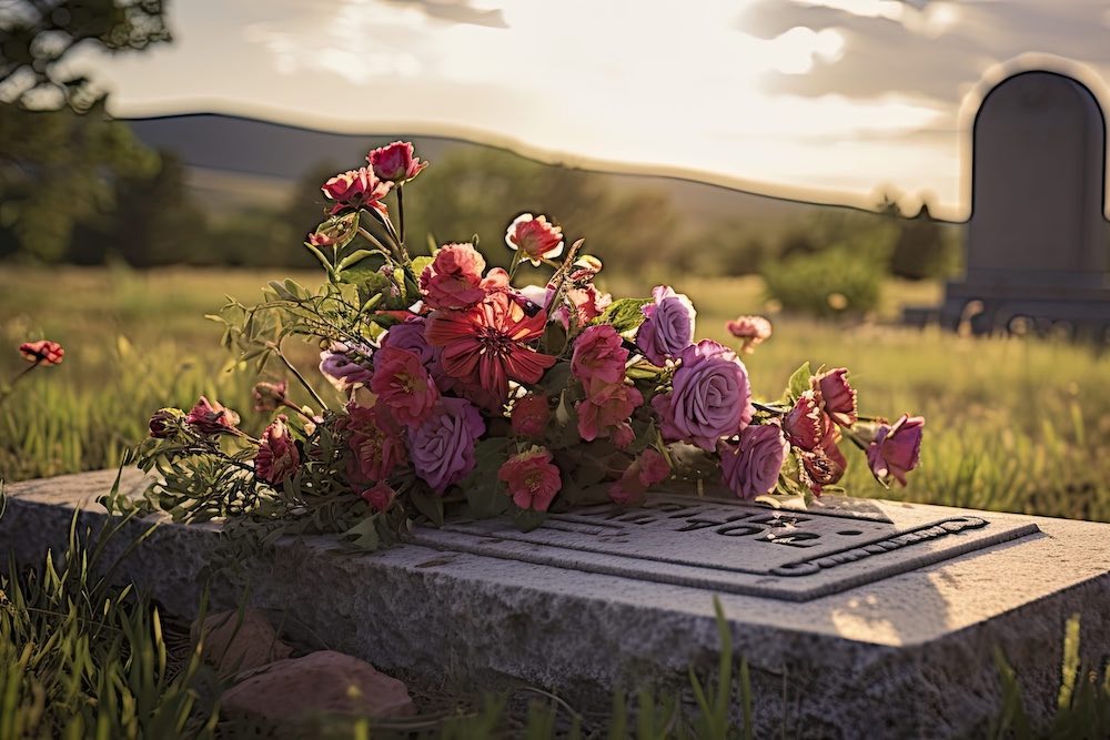 gravsten med blommor